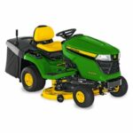 Tondeuse autoportée John Deere X350R avec bac 300 L, largeur de coupe 107 cm, idéale pour pelouses de taille moyenne à grande.