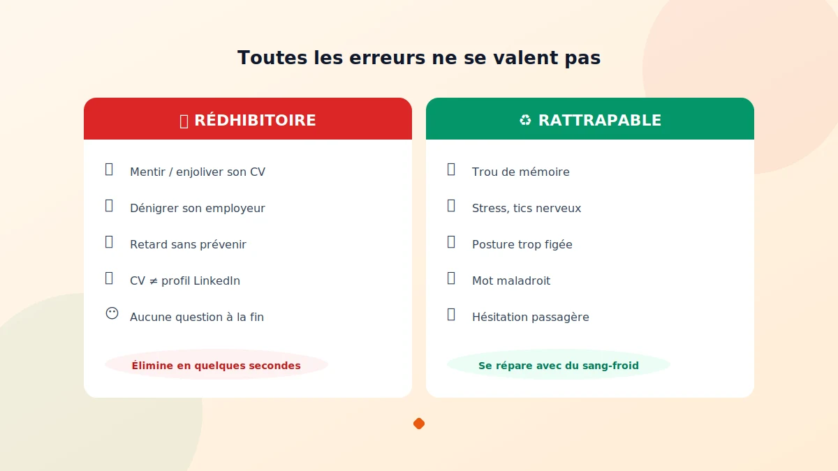 Erreurs en entretien d'embauche classées des plus rédhibitoires aux plus rattrapables