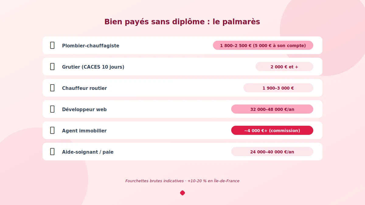 Les métiers bien payés sans diplôme en 2026 et leurs salaires