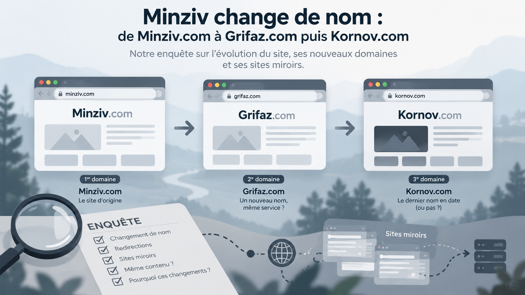 Illustration d'un contrôle de nom de domaine Minziv avec vérification de l'adresse, du cadenas HTTPS et d'une alerte de faux site